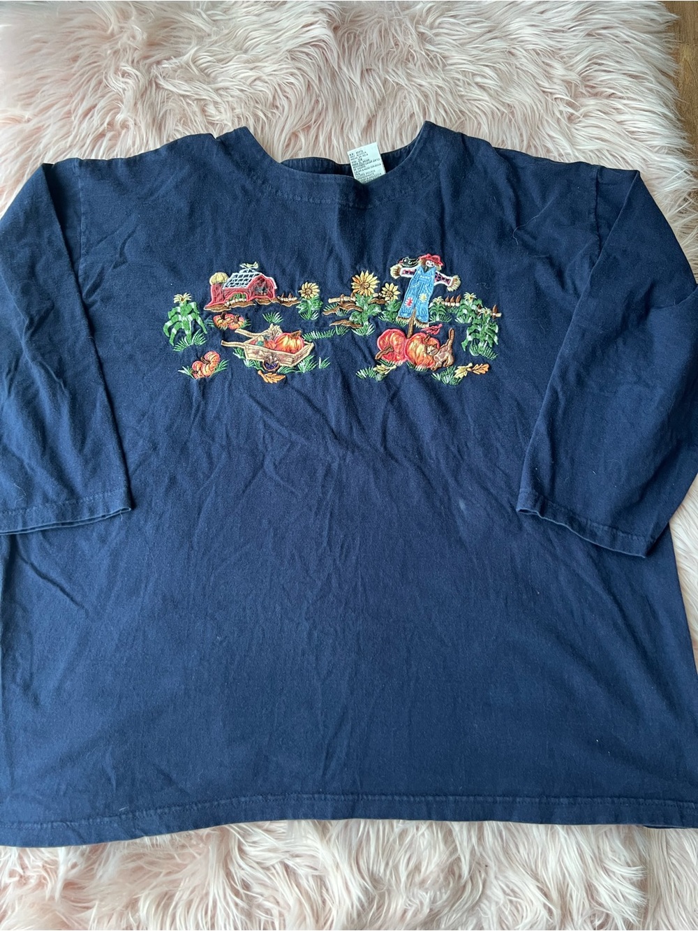 Victoria Jones Woman Navy Long-Sleeve Tee with Fall Embroidery Plus Size Cottage